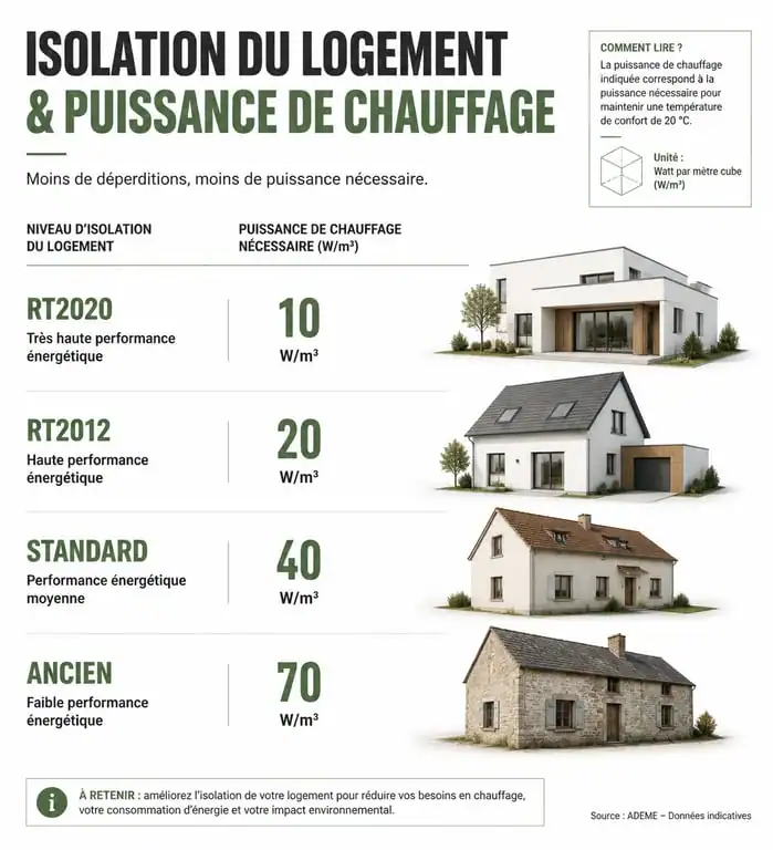 Infographie sur la puissance de radiateur par m2 selon l'isolation