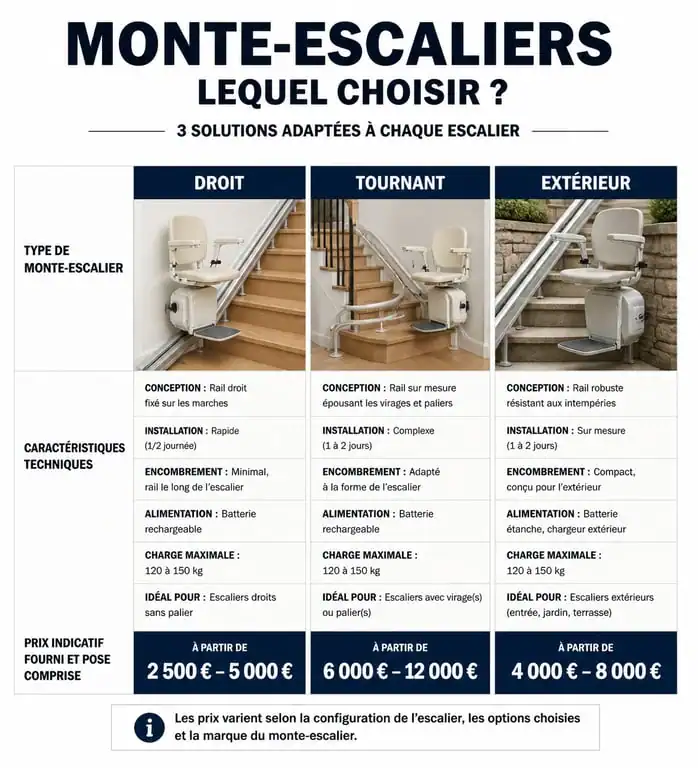 Infographie comparative des types de monte-escaliers et prix pour un comparatif monte escalier