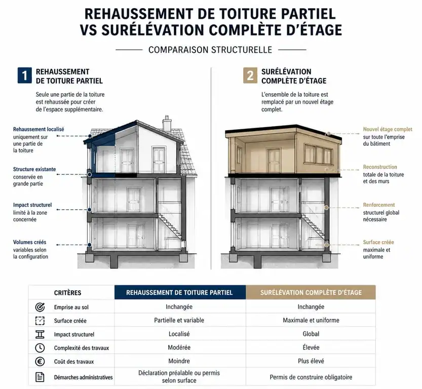 Schéma comparatif rehaussement de toiture vs surélévation pour gagner de l'espace habitable