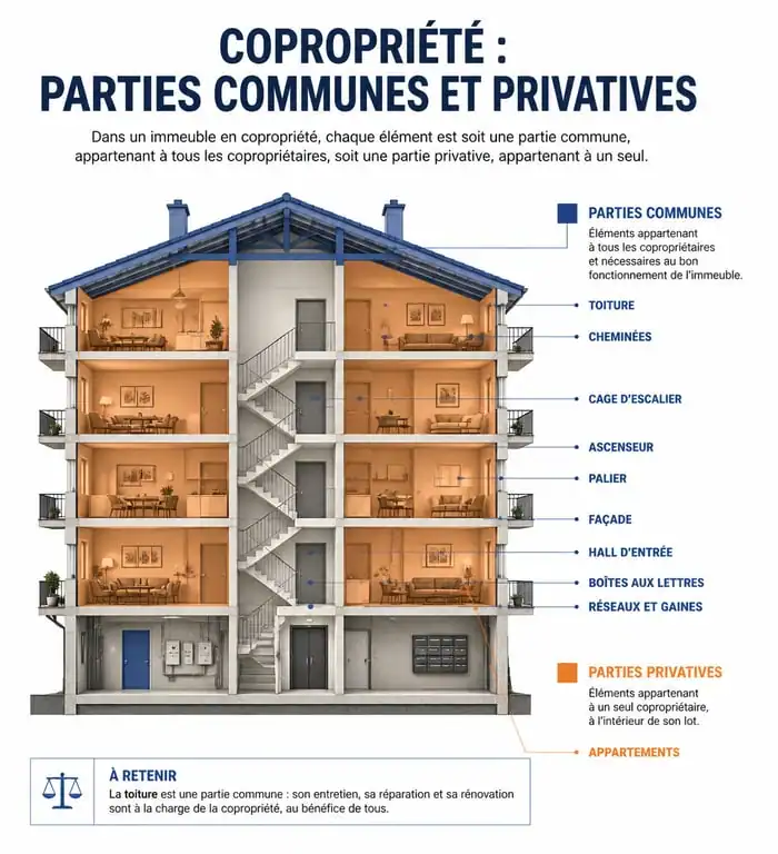 Schéma explicatif des parties communes et privatives dans une copropriété : à qui appartient le toit
