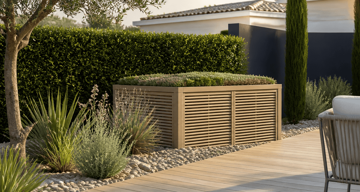 fabriquer un cache pompe à chaleur bois moderne terrasse