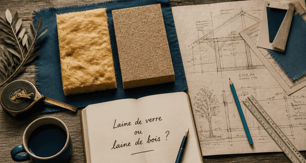 laine de verre ou laine de bois échantillons côte à côte