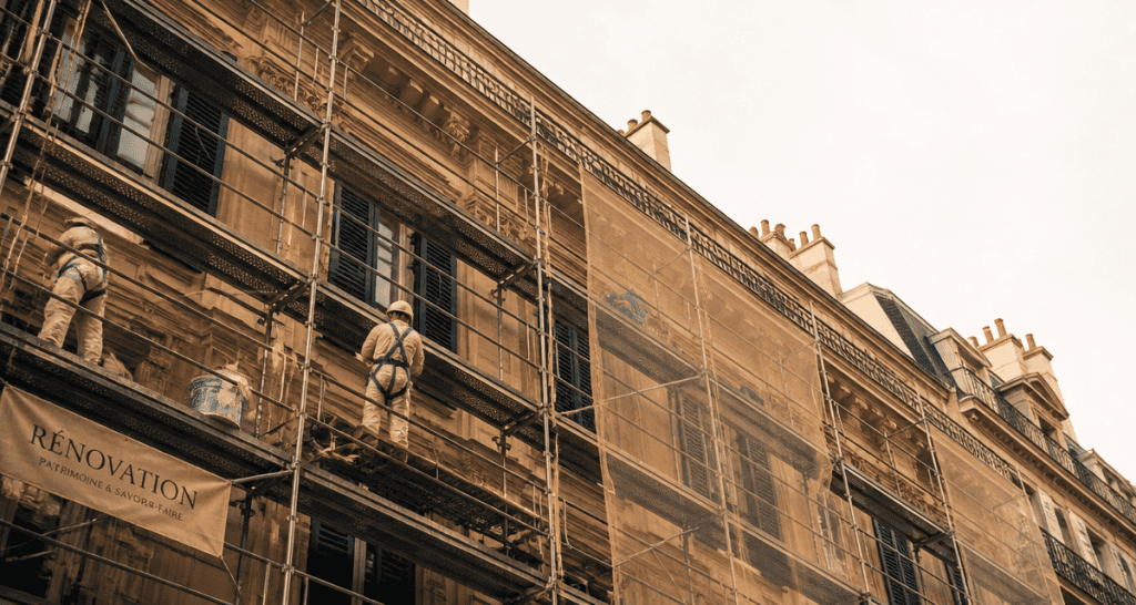 nouvelle loi ravalement de façade sur immeuble haussmannien en travaux