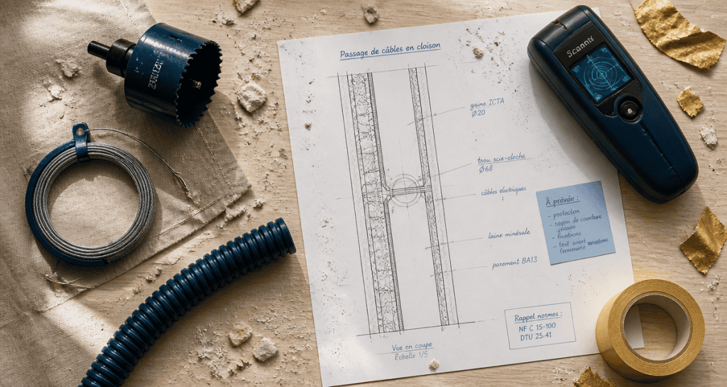 passer un câble horizontal dans une cloison placo, outils sur plan de travail