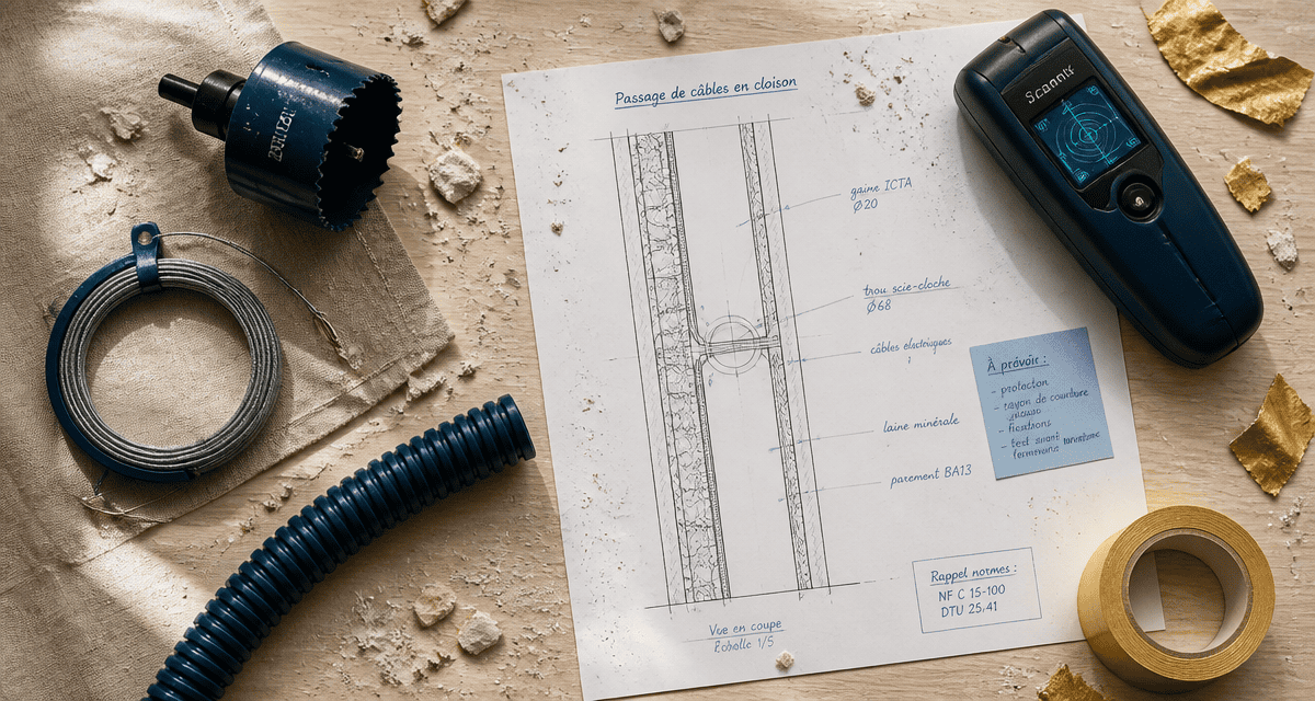 passer un câble horizontal dans une cloison placo, outils sur plan de travail
