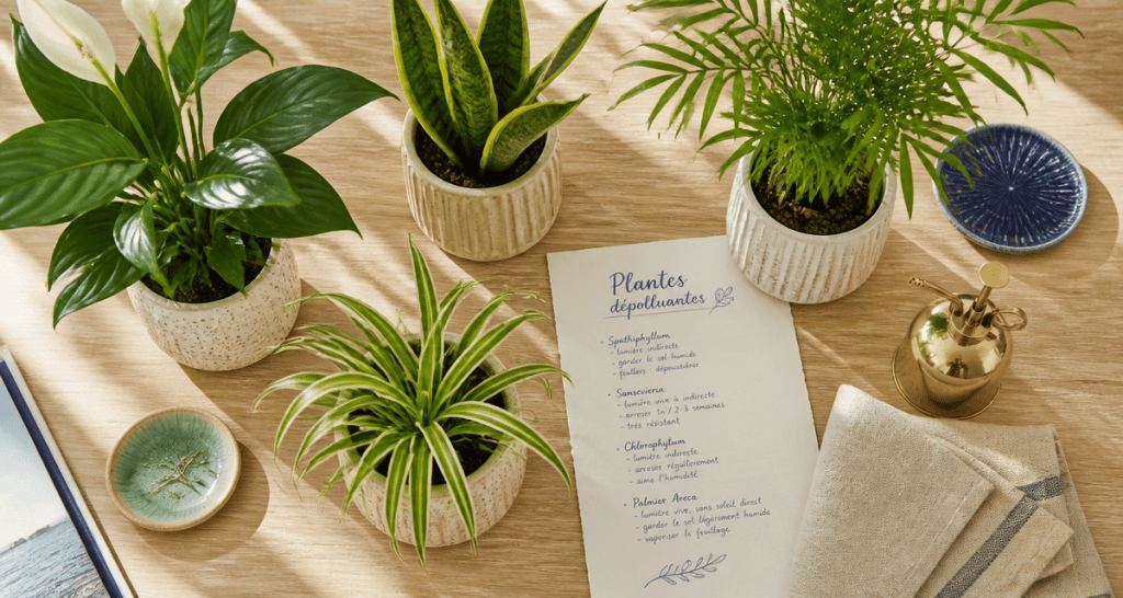 plantes d'interieur depolluante en pots sur table
