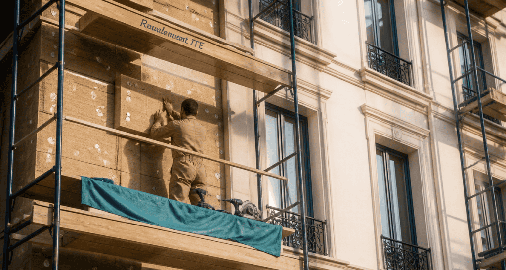 Ravalement ITE sur façade immeuble ancien en rénovation