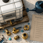 Récupérateur d'eau 1000l avec accessoires sur plan de travail