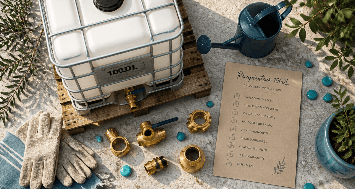 Récupérateur d'eau 1000l avec accessoires sur plan de travail