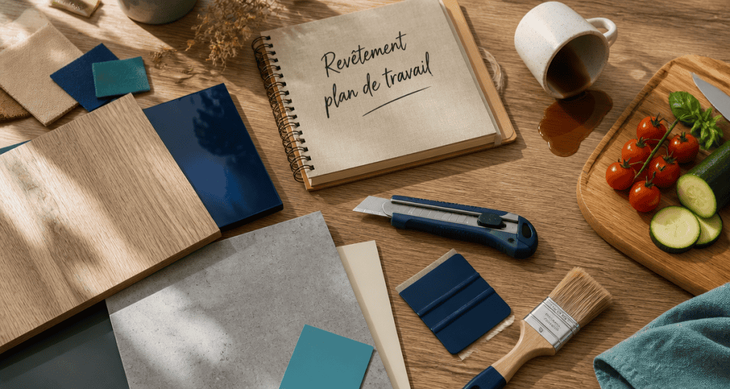 revêtement de plan de travail cuisine avec échantillons et outils