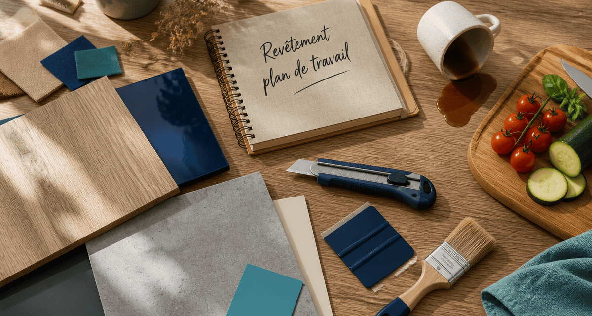 revêtement de plan de travail cuisine avec échantillons et outils