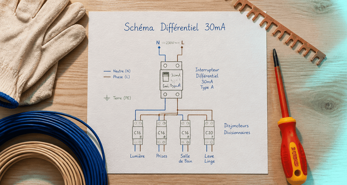 schema branchement disjoncteur différentiel 30ma dessiné main