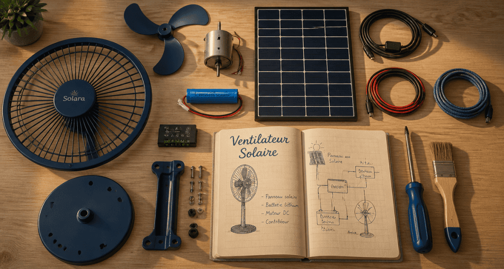 ventilateur panneau solaire composants démontés sur table