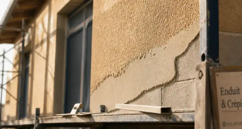Crépi ou enduit extérieur sur façade en cours d’application