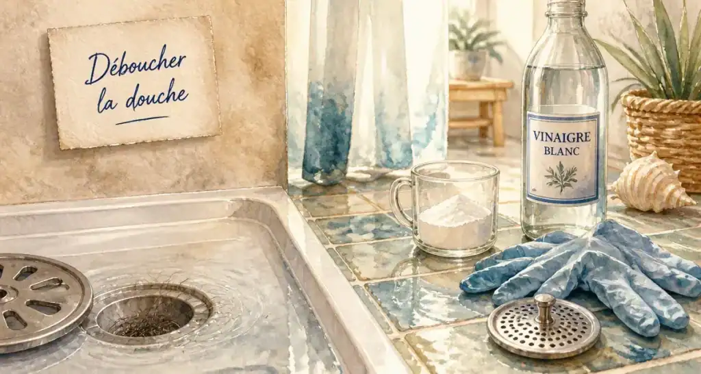 deboucher la douche : cheveux dans le siphon et eau stagnante