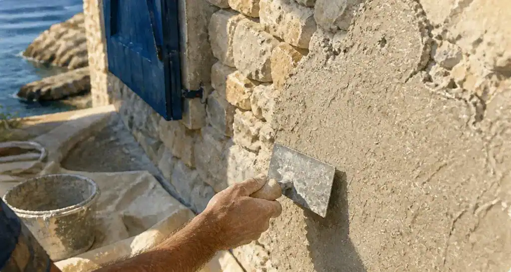 Enduit chaux chanvre exterieur appliqué sur façade en pierre, fibres visibles