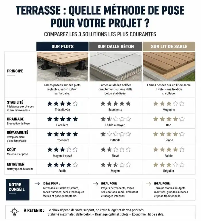 Comparatif des méthodes de pose de terrasse : inconvénients de la terrasse sur plots vs dalle béton et lit de sable