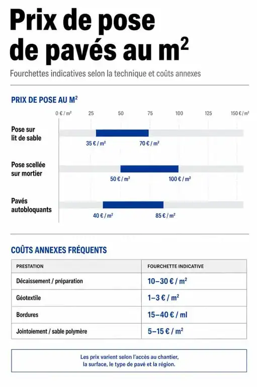 Infographie des prix de pose de pavés au m2 sans fourniture selon la technique