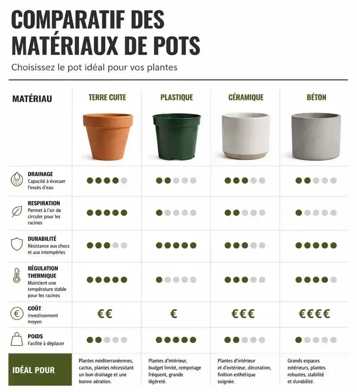 Infographie comparative des matériaux pour pots de fleurs : terre cuite, plastique, céramique et béton