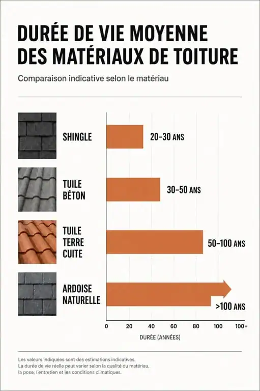 Comparatif de la durée de vie des toitures en shingle et autres matériaux de couverture