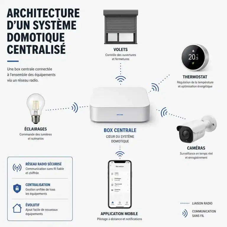 Schéma de fonctionnement d'un système domotique centralisant les équipements de la maison