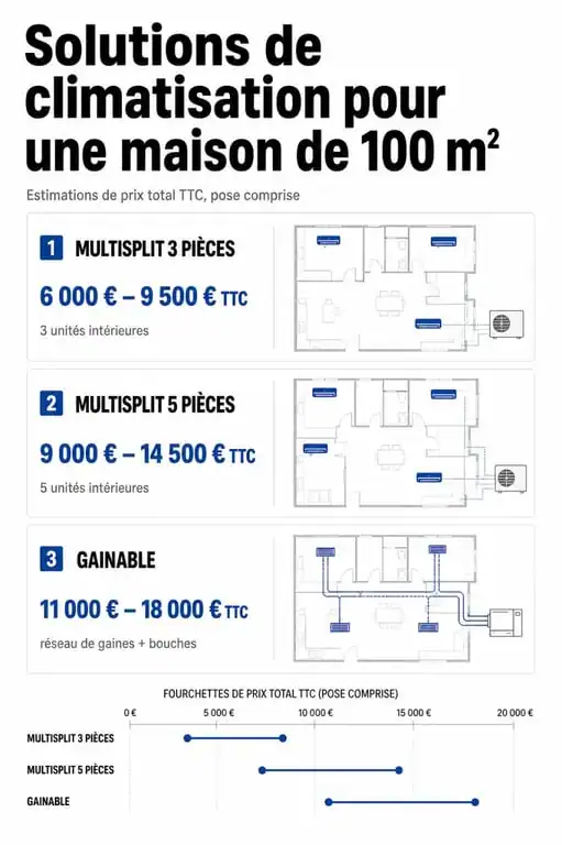 Comparatif des prix d'installation d'une climatisation pour maison de 100m2 selon le système choisi