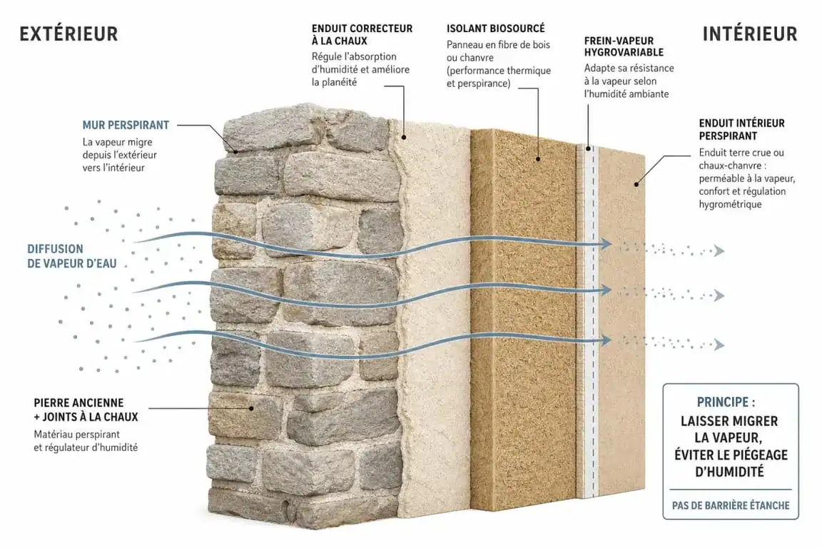 Schéma technique de l'isolation d'un mur en pierre préservant la perspirance