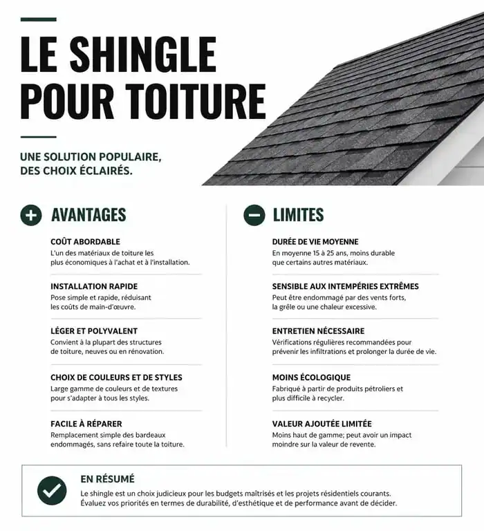 Infographie comparative des avantages et inconvénients du shingle toiture