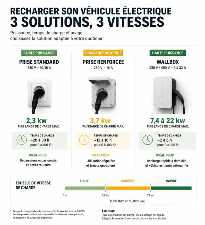 Comparatif des solutions de chargeur domestique voiture électrique par puissance et temps de charge