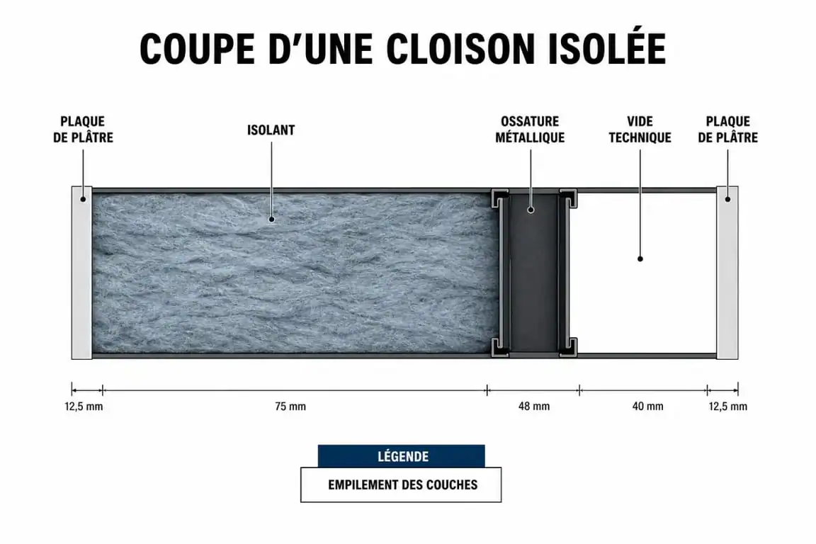 Schéma explicatif des couches d'une cloison avec isolation et placo