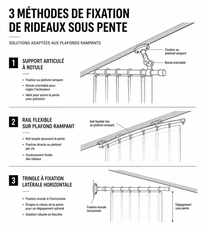 Schéma des différentes solutions de tringle rideau sous pente : support articulé, rail flexible et fixation latérale.