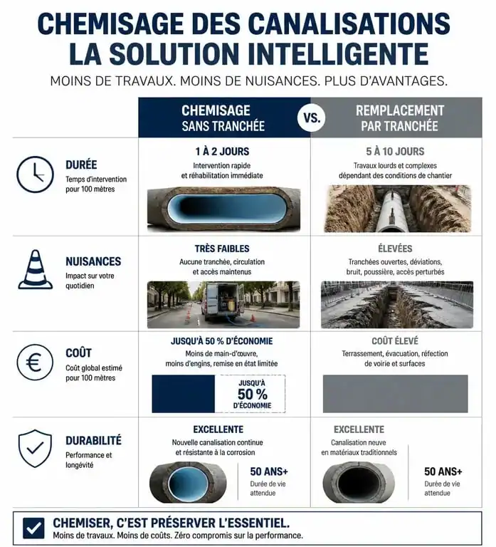 Infographie comparative : chemisage de canalisations vs remplacement par tranchée