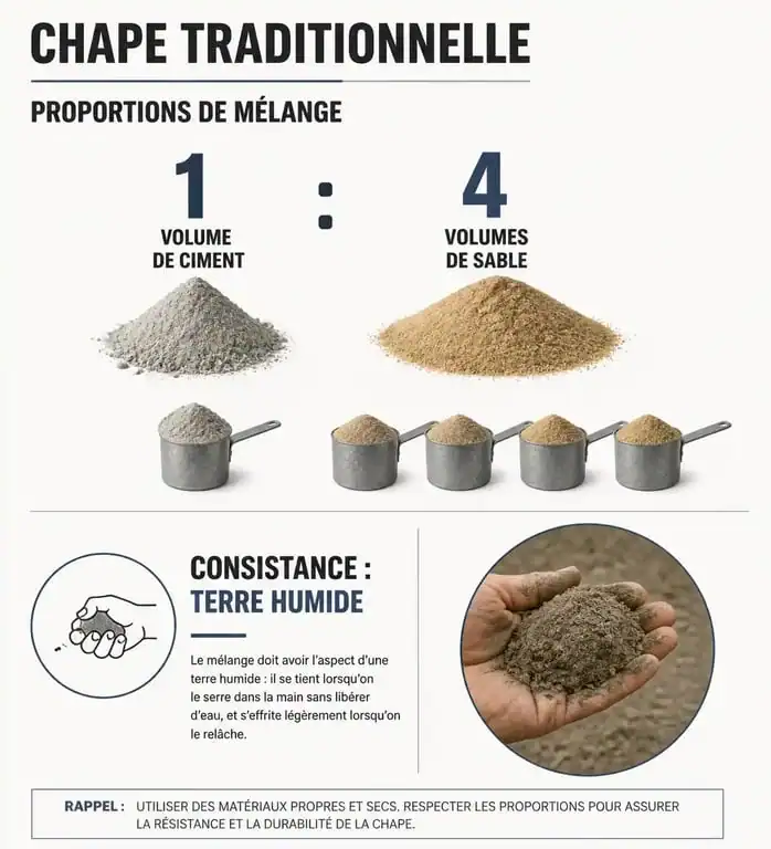 Infographie des dosages pour le calcul d'une chape traditionnelle en ciment et sable