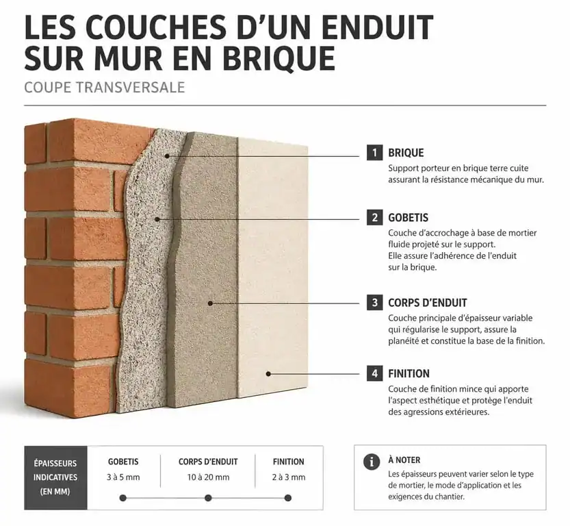 Schéma technique des couches d'enduit sur un mur en brique