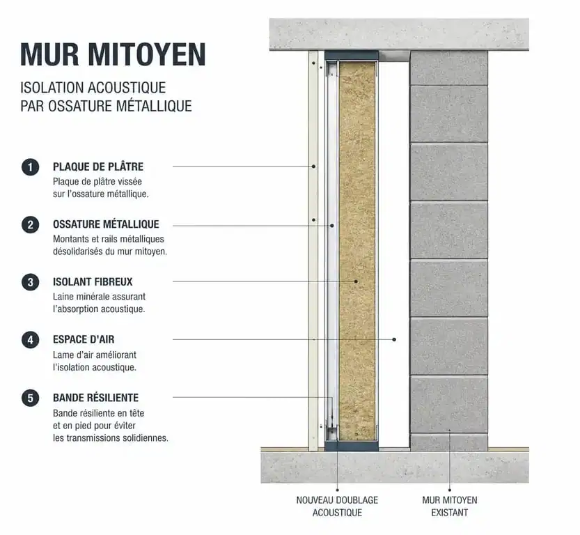 Schéma technique d'une isolation phonique efficace pour un mur mitoyen avec ossature métallique.