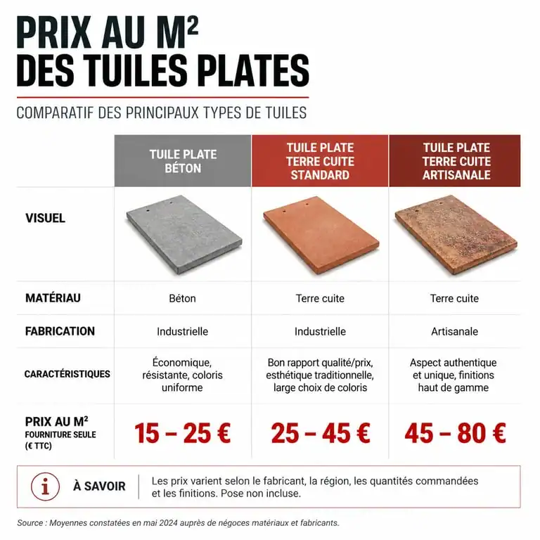 Comparatif des prix au m2 pour une toiture en tuiles plates selon le matériau