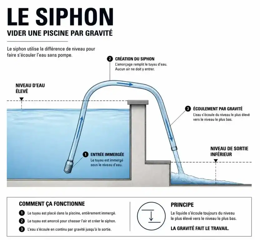 Schéma explicatif du principe du siphon pour vider une piscine avec un tuyau d'arrosage