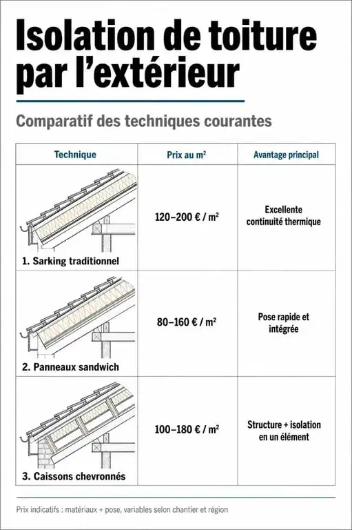 Comparatif des techniques d'isolation de toiture par l'extérieur sarking et prix au m2