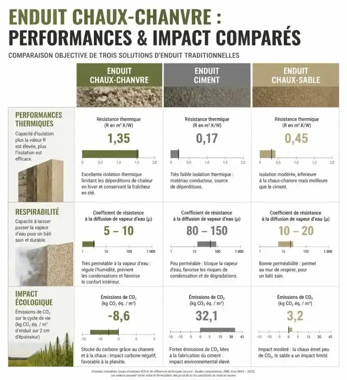 Comparatif des performances techniques de l'enduit chaux chanvre exterieur par rapport aux enduits traditionnels