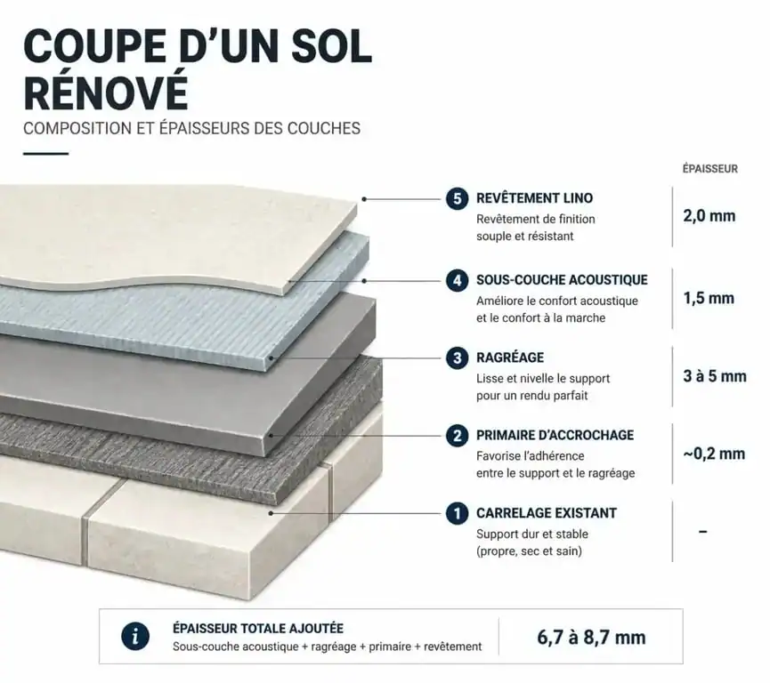 Schéma en coupe des étapes pour poser du lino sur carrelage