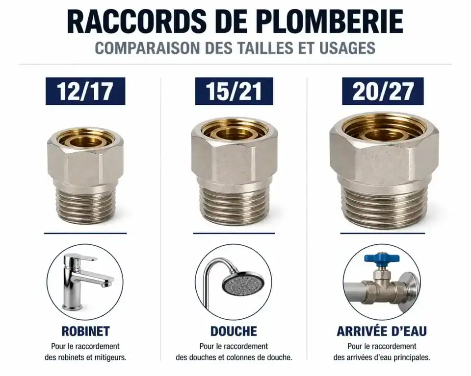 Infographie comparative des standards de raccords de plomberie 12/17, 15/21 et 20/27 pour identifier facilement la bonne dimension.