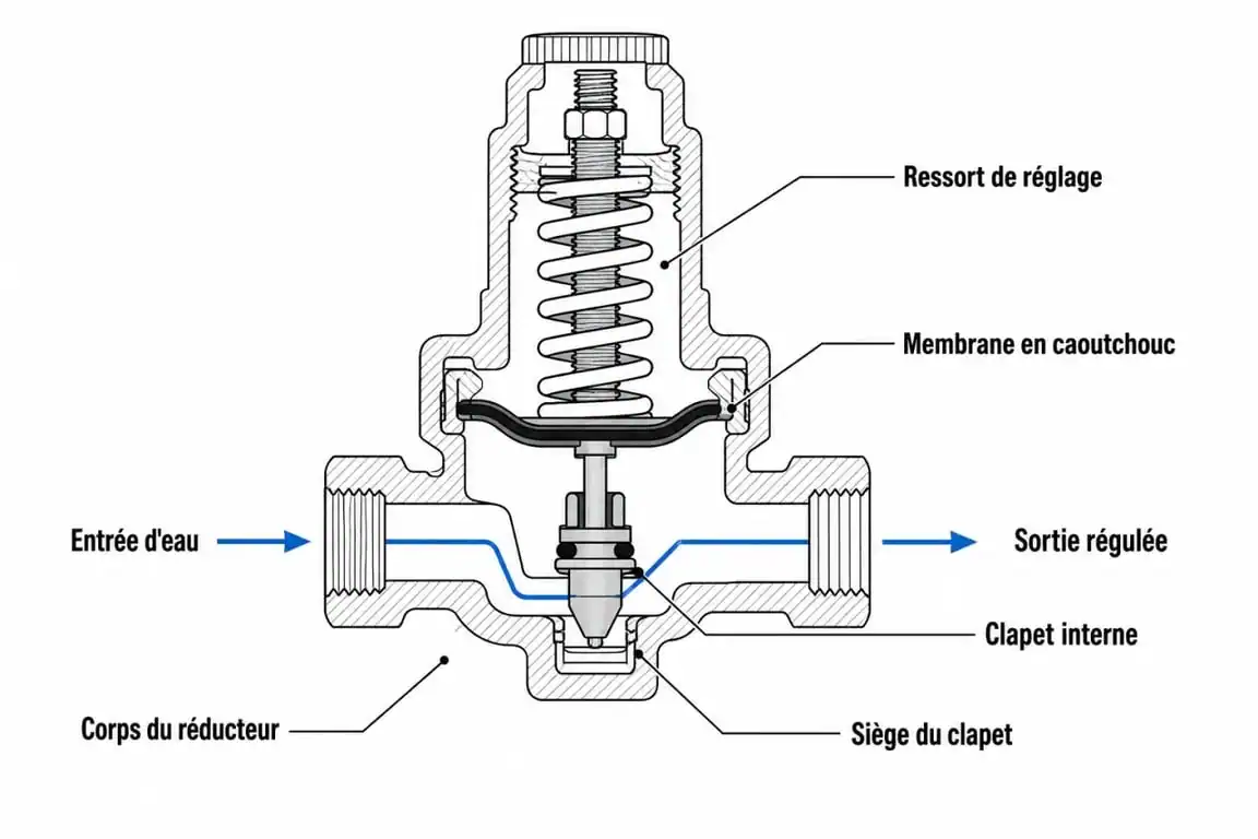Schéma technique du fonctionnement interne d'un réducteur de pression d'eau pour comprendre sa durée de vie