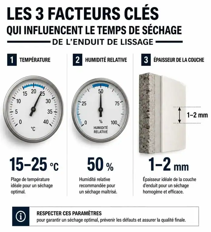 Infographie des facteurs influençant le temps de séchage de l'enduit de lissage avant ponçage