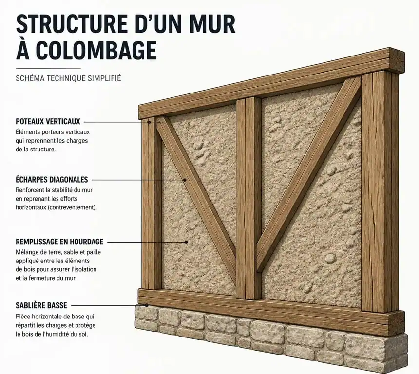 Schéma explicatif de l'anatomie d'un mur à colombage traditionnel