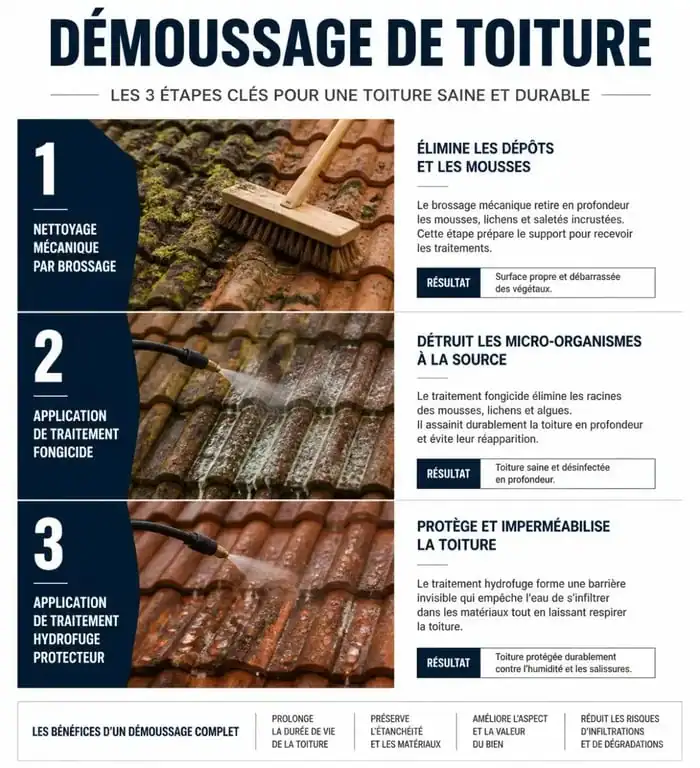 Étapes techniques d'un exemple devis démoussage toiture : brossage, traitement et hydrofuge