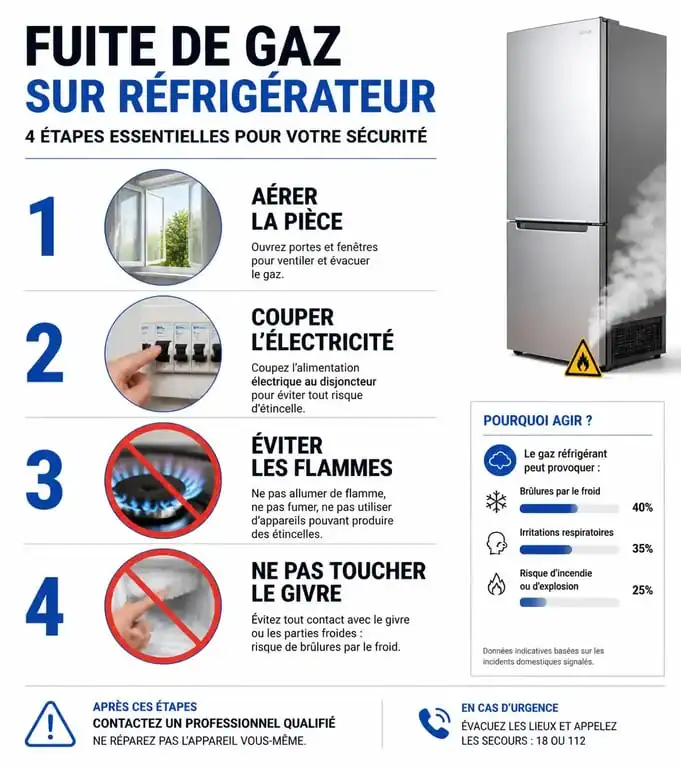 Infographie des gestes d'urgence en cas de fuite de gaz frigo