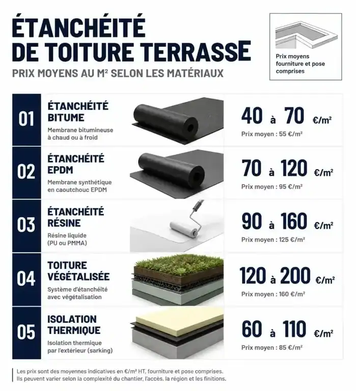 Comparatif des prix au m2 pour l'étanchéité toit terrasse selon les matériaux
