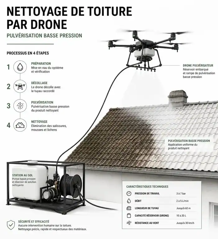 Schéma du processus de nettoyage de toiture par drone pour un entretien efficace et sécurisé
