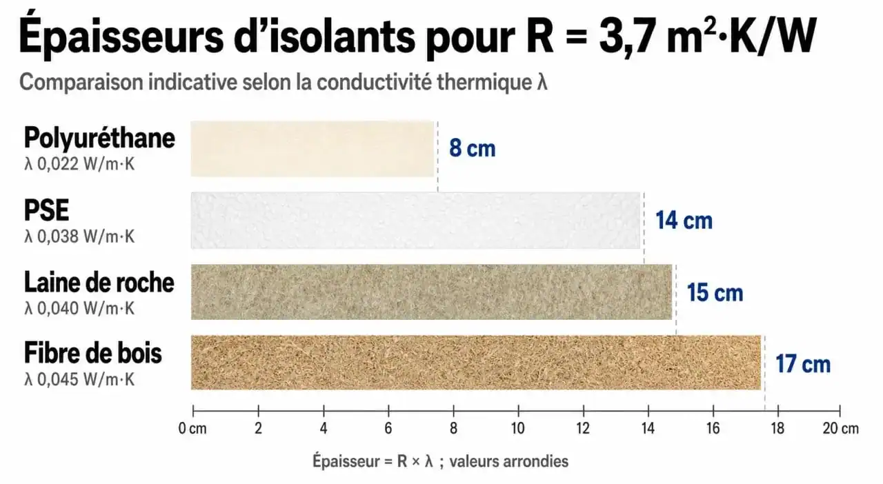 Comparaison des épaisseurs d'isolation extérieure selon le matériau pour atteindre R=3,7 m².K/W