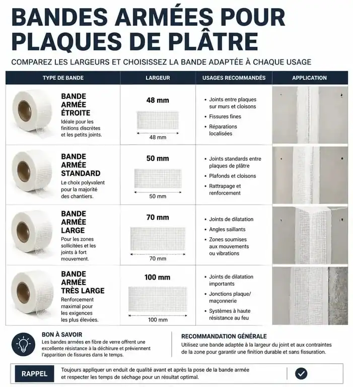 Infographie comparative des types de bandes armées pour plaques de plâtre